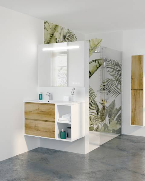 Meuble de salle de bain BRIDIE  pour une salle de bain contemporaine, tiroirs push-pull, finition chêne doré, noir ou blanc, formats 600 à 1200 mm magasin près de Gardanne