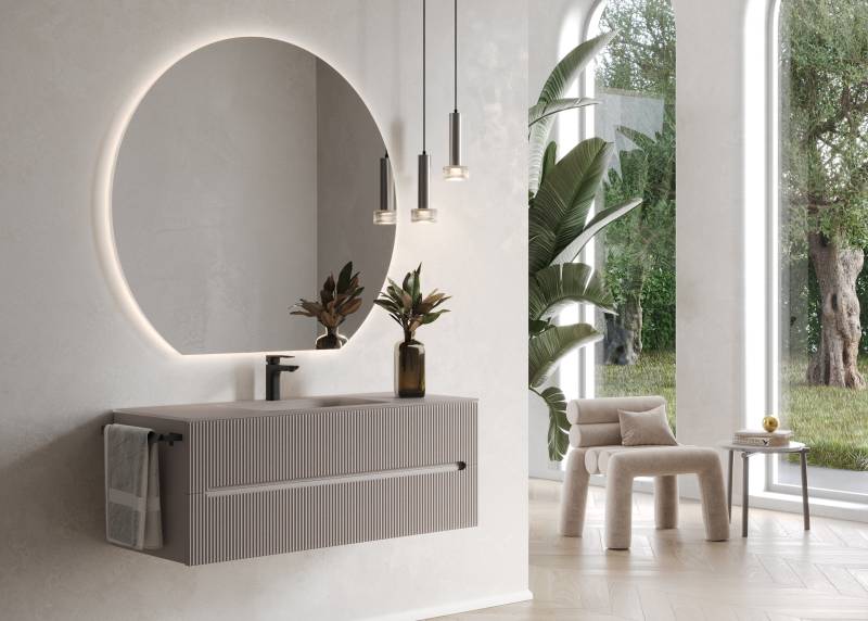 Meuble de salle de bains CIRCE de Euro Bagno, design contemporain, finitions personnalisables, tiroirs à fermeture douce, formats variés chez R&D Carrelage et sanitaire à Gréasque