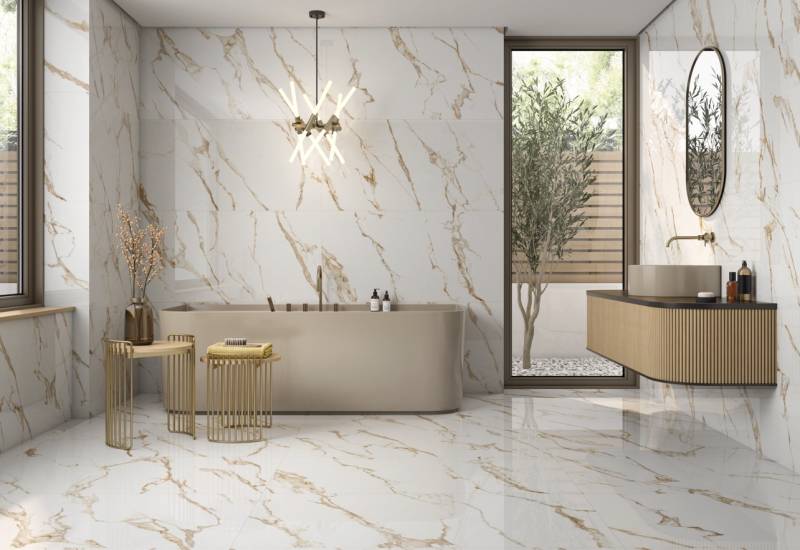 Carrelage Untiles Calacatta Royal 60x120cm effet marbre blanc brillant grès cérame rectifié pour sol et mur intérieur haut de gamme chez R&D Carrelage