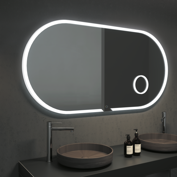 Miroirs Ledimex Indiana avec Cadre LED rétroéclairé, intensité réglable, antibuée, miroir grossissant x3, capteur tactile, chez R&D Carrelage et Sanitaire à Gréasque