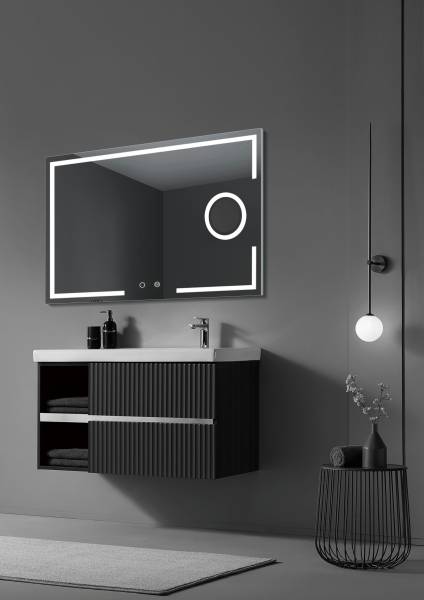 Miroirs Ledimex série Malta avec un design moderne, éclairage LED, intensité réglable, antibuée, miroir grossissant x3,c apteur tactile, formats variés, disponibles chez R&D Carrelage et Sanitaire