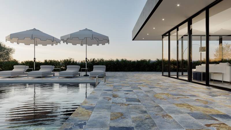 Carrelage extérieur effet Bali antidérapant pour terrasse et plage de piscine, disponible chez R&D Carrelages et Sanitaires à Gréasque