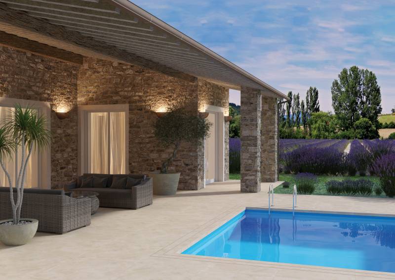 Carrelage extérieur Paul Ceramiche série Baya en grès cérame effet pierre naturelle, antidérapant, résistant au gel, formats modernes chez R&D Carrelage et Sanitaire près de Gardanne